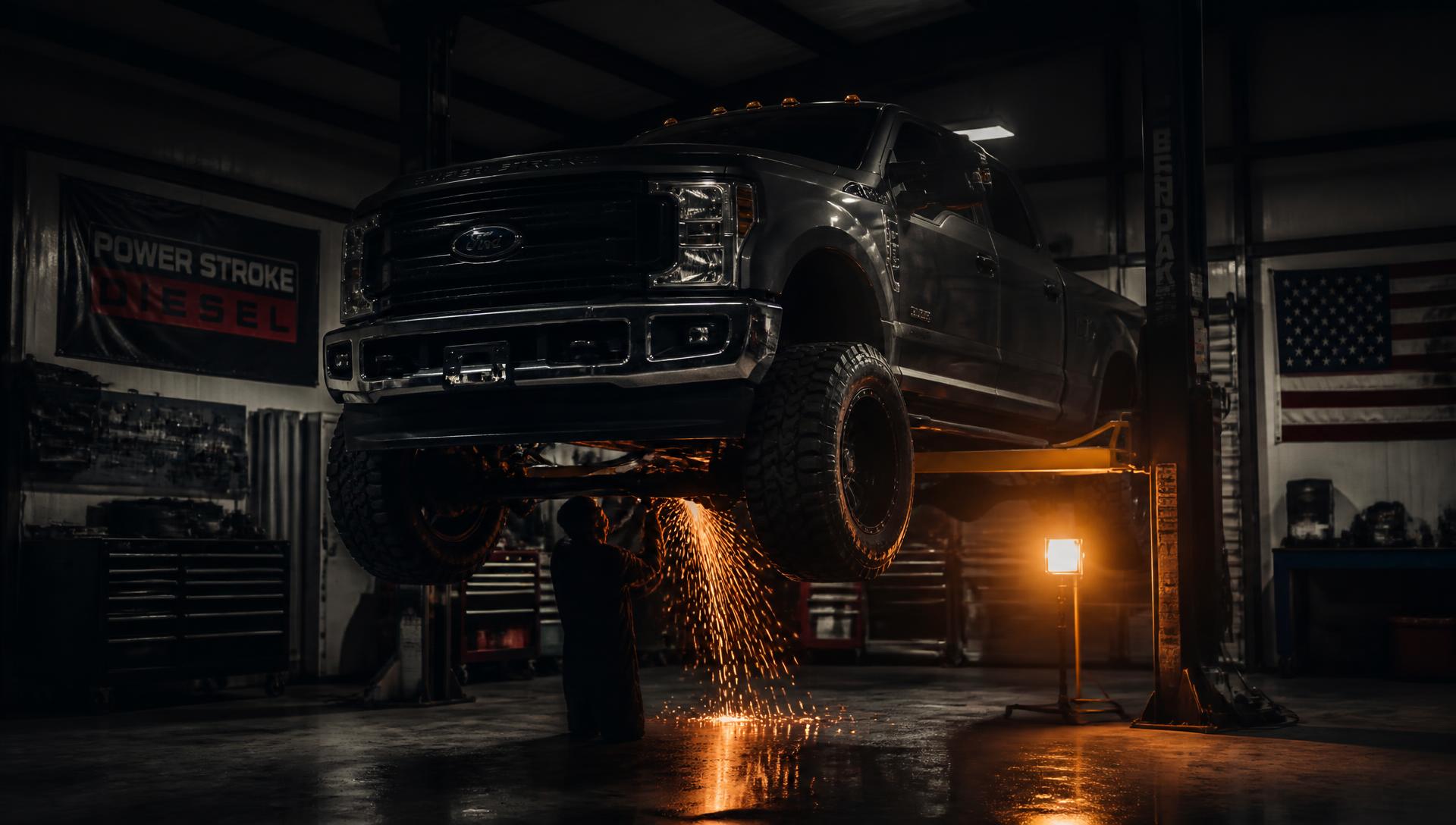Diesel pickup truck raised on a lift inside the Holmes Performance shop